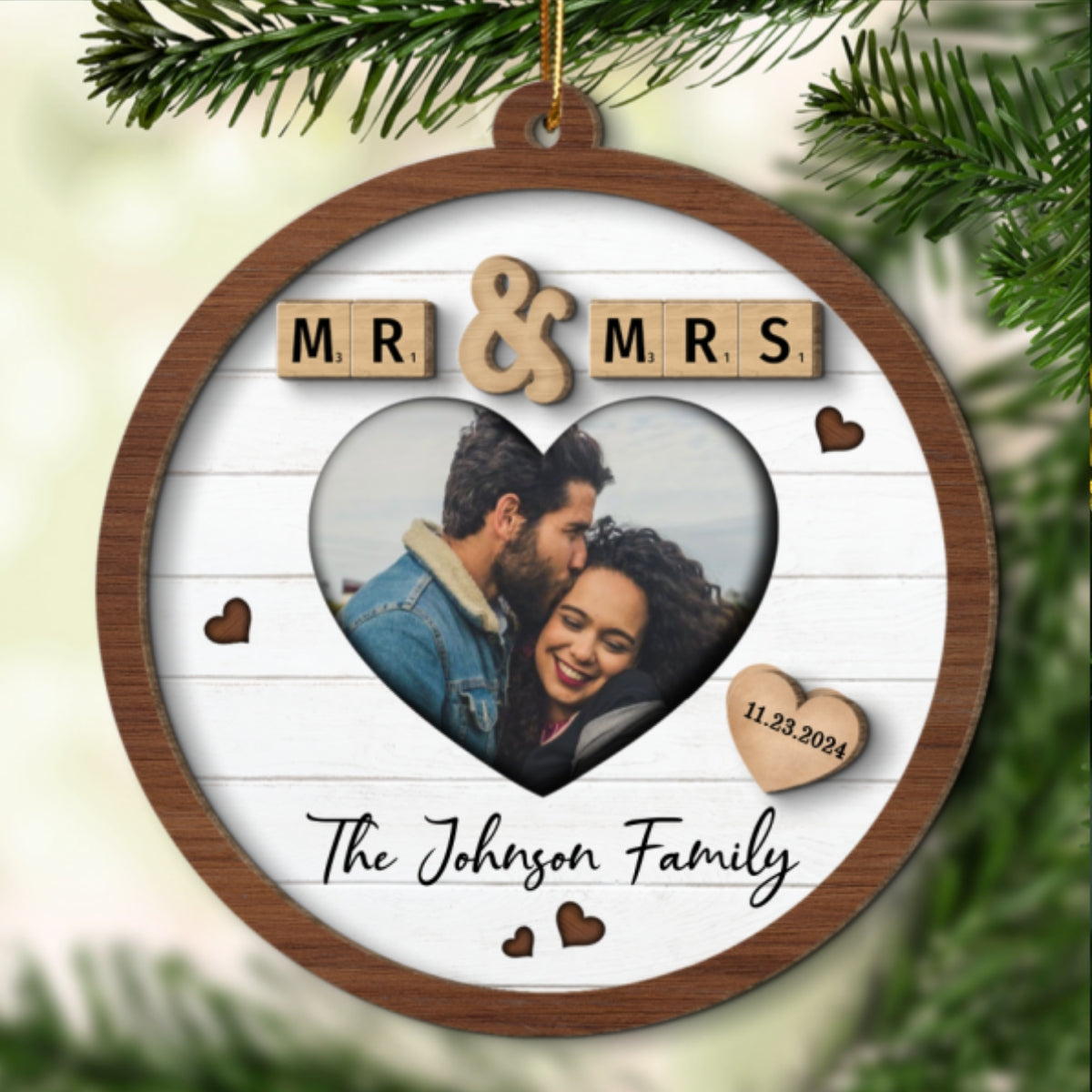 Mr & Mrs First Christmas Engaged Married Word Art Personalized 2-Layer Wooden Ornament