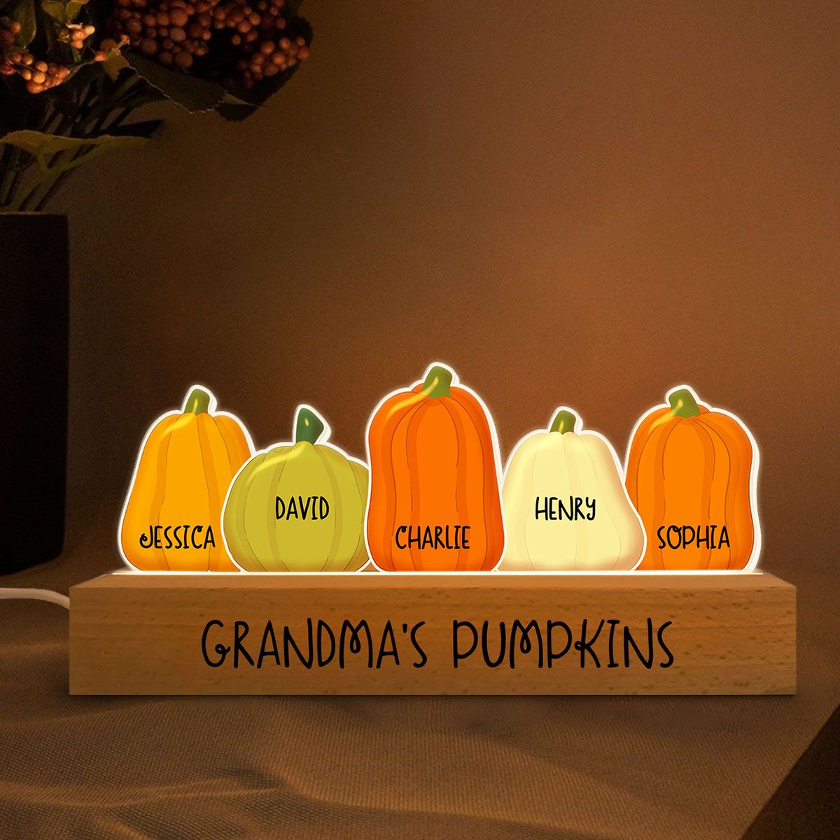 Grandma Pumpkins Personalized Acrylic Block LED Light, Fall Season Decor