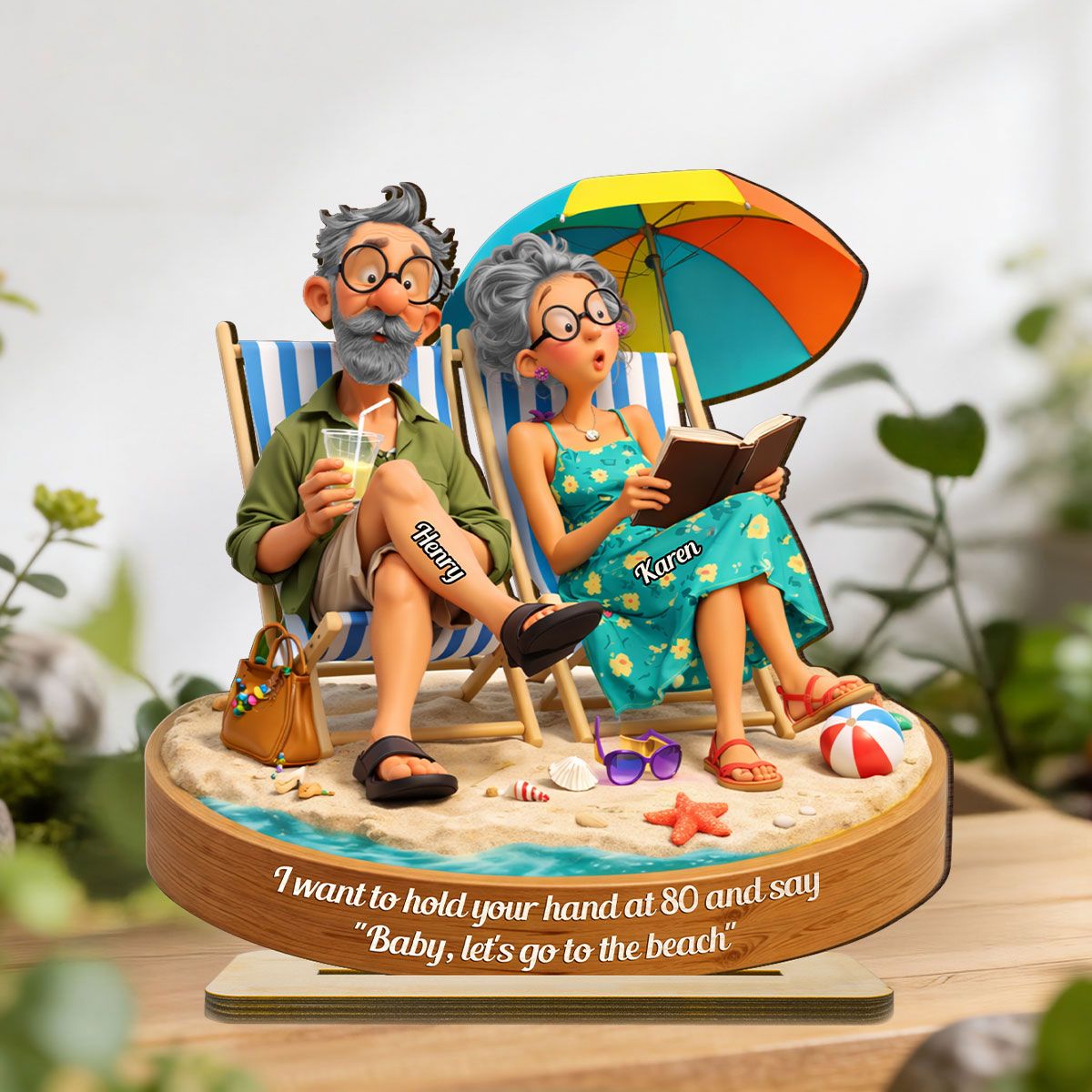 Quirky Elderly Couple On The Beach - Personalized 2-Layered Wooden Plaque - Heartfelt Anniversary, Valentine's Day Gift, Gift For Him, Gift For Her