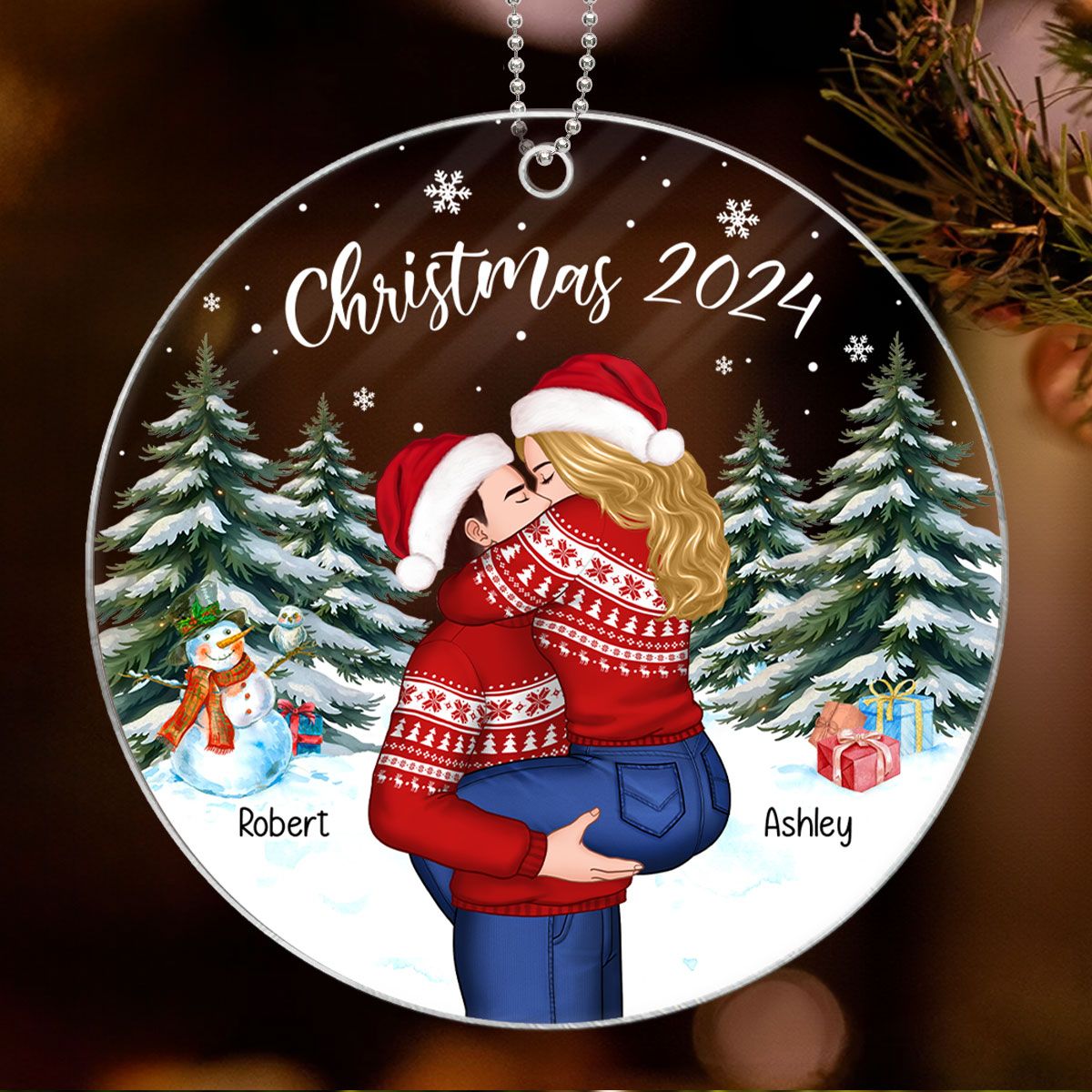 Couple Hugging In Winter Night Christmas Tree Personalized Acrylic Ornament, Christmas Gift For Him, Gift For Her