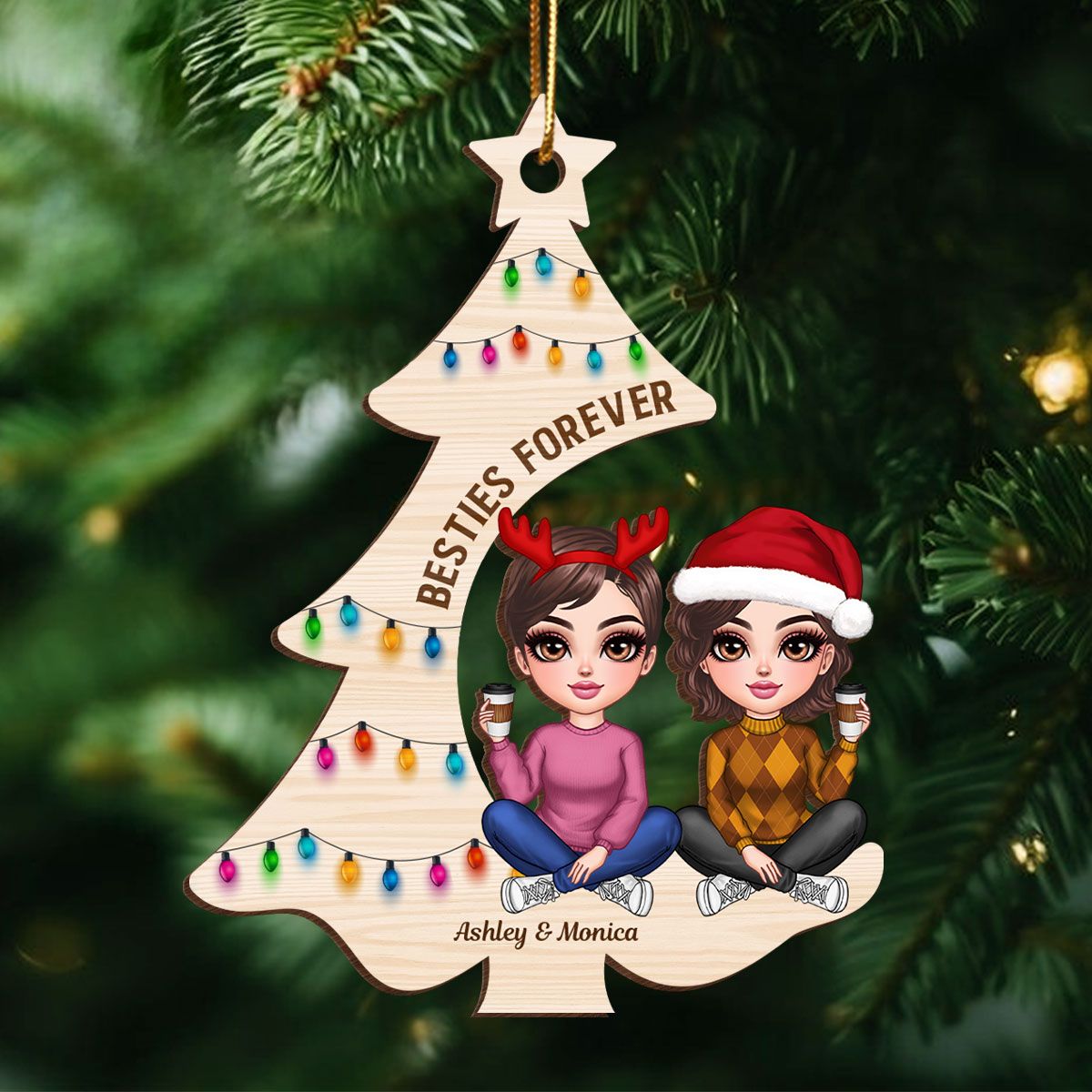 Pretty Besties Sisters Sitting Christmas Tree Personalized Wooden Ornament, Christmas Gift for Best Friends, Sisters