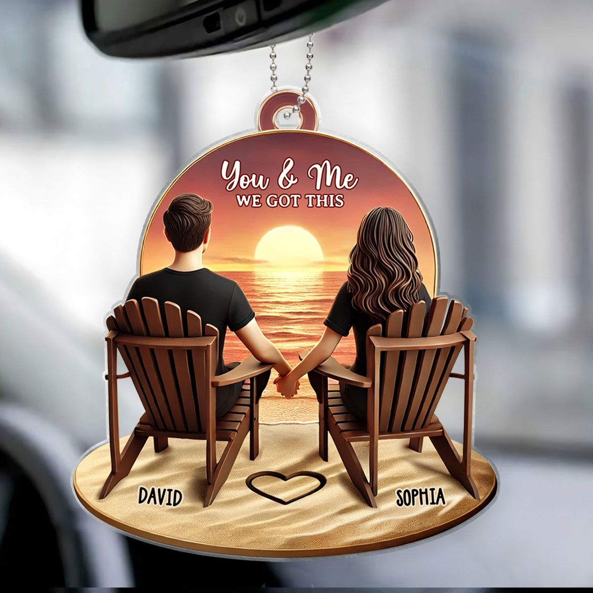 Couple Beach Landscape Retro Vintage Personalized Car Hanger, Anniversary Gift For Couple