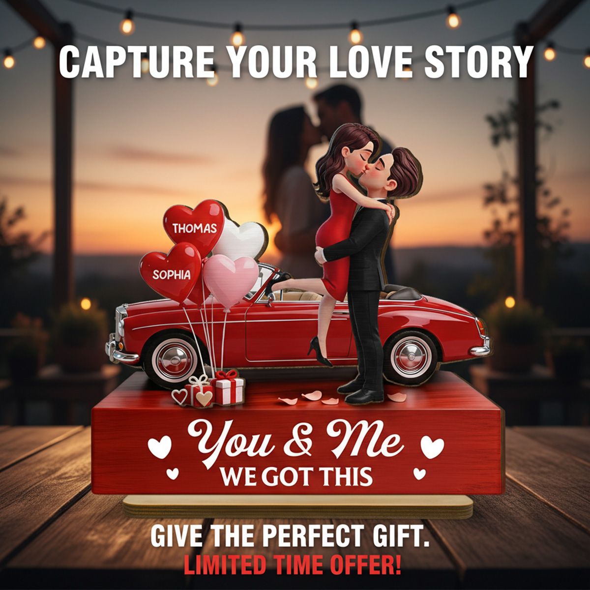 Valentine Car Romantic Couple Hugging Kissing - Personalized 2-Layered Wooden Plaque - Valentine's Day Gift For Couple