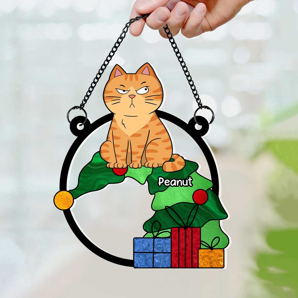 Funny Naughty Cat On Falling Christmas Tree Personalized Suncatcher, Christmas Decoration