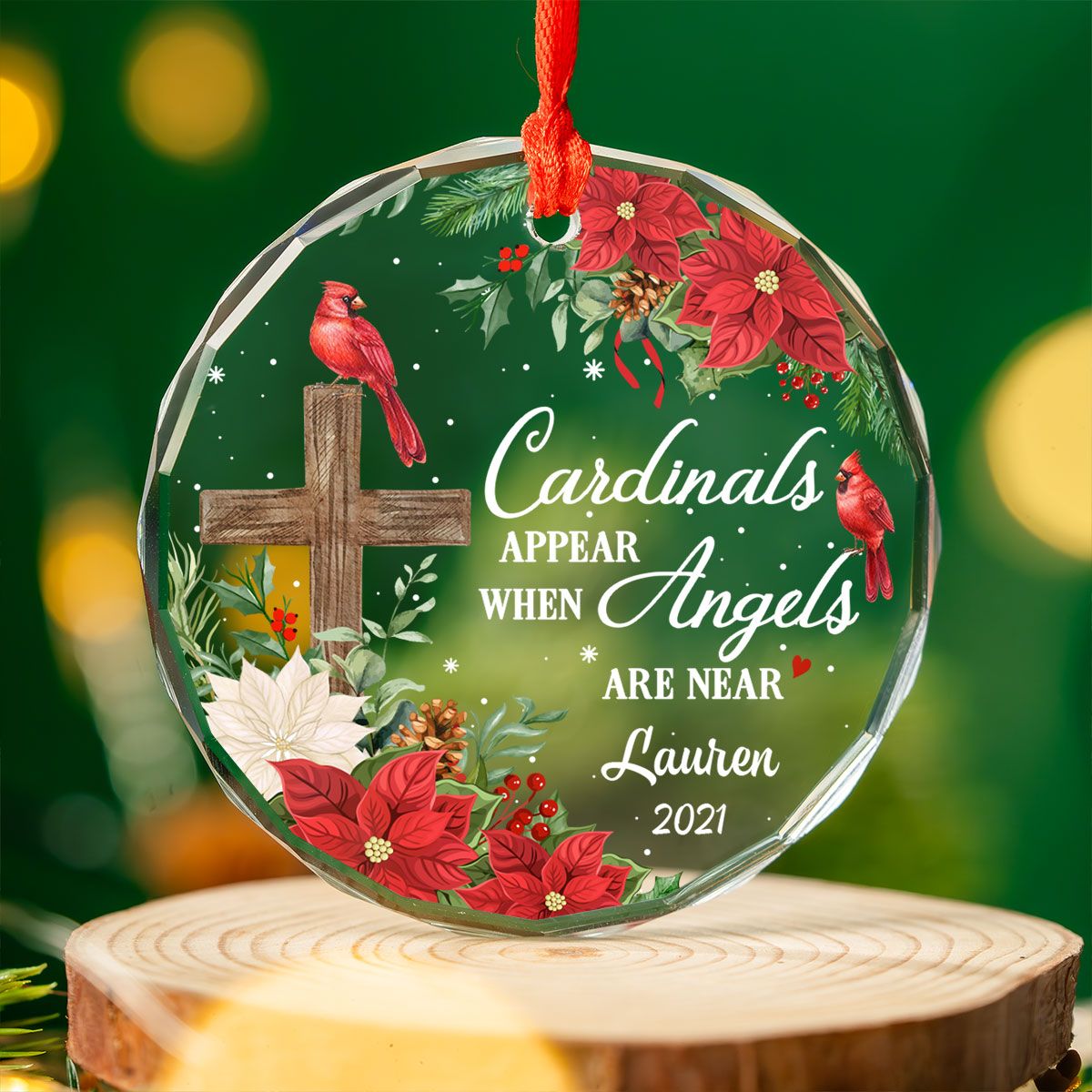 Always With You Cardinal Cross Poinsettia Personalized Glass Ornament, Christmas Gift