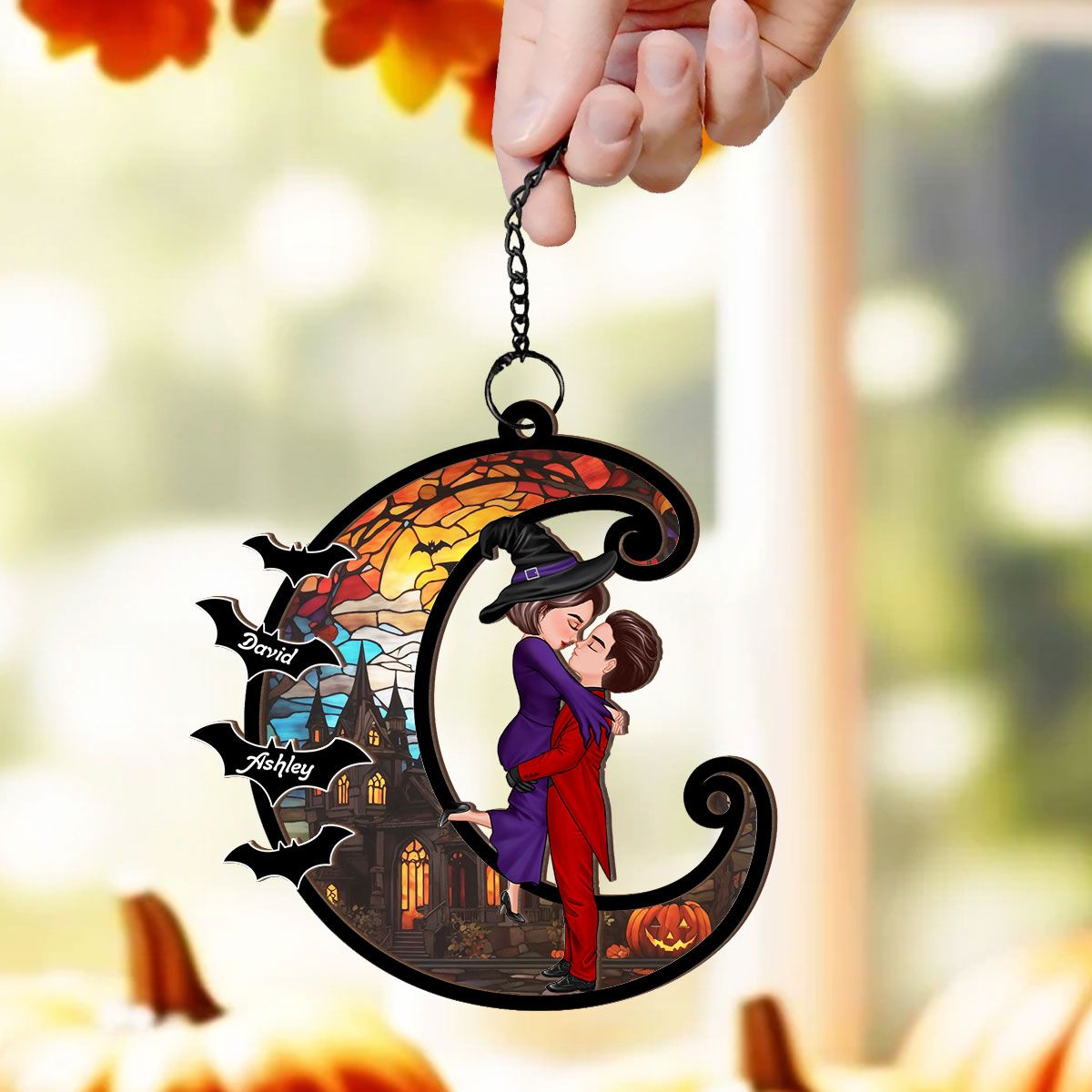 Halloween Couple Hugging Kissing On Moon Personalized Suncatcher, Halloween Decor