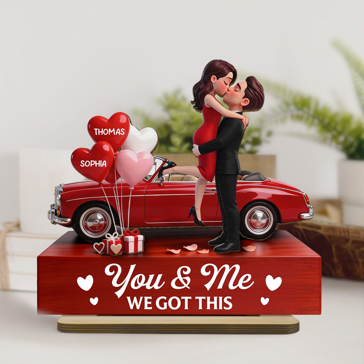 Valentine Car Romantic Couple Hugging Kissing - Personalized 2-Layered Wooden Plaque - Valentine's Day Gift For Couple