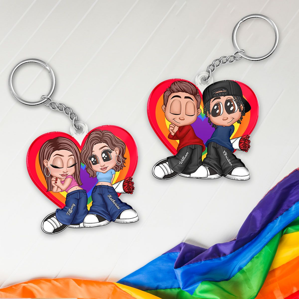 LGBT Y2K Couple Heart Personalized Acrylic Keychain, Pride Month Gift For Couple, For Him, For Her