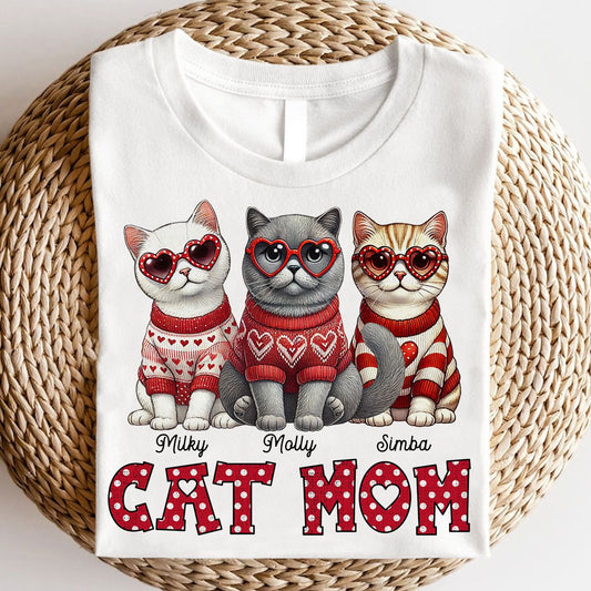 Cat Mom Valentine Pattern Personalized Shirt, Valentine's Day Gift for Cat Moms