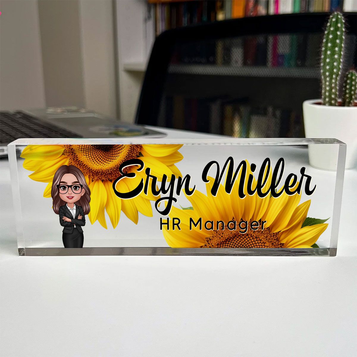 Daisy Flowers Woman Office Personalized Acrylic Desk Name Plate, Office Desk Decor, Gift For Colleagues, Coworkers, Boss, Nurses, Doctors, Healthcare Workers, Police, Firefighters