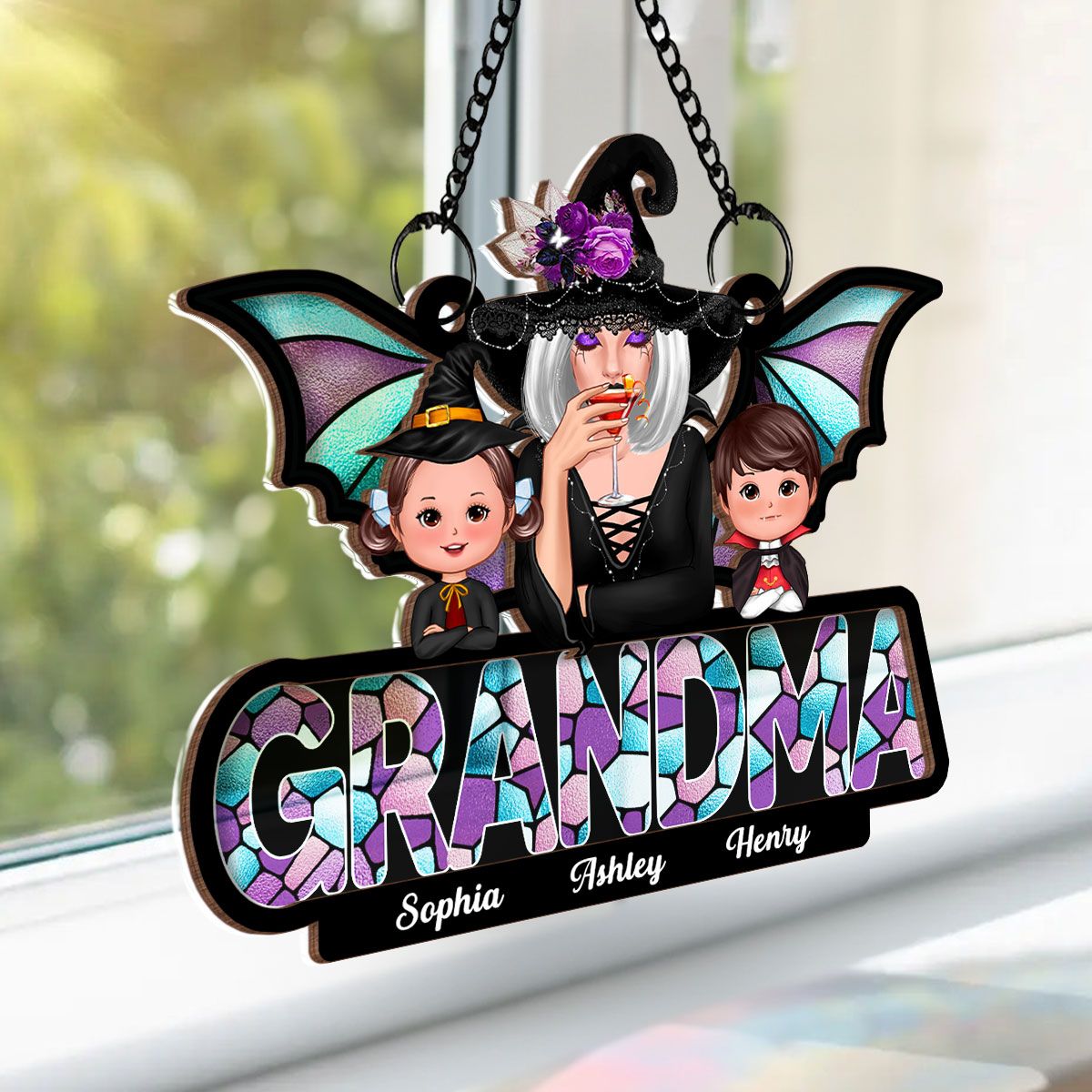 Halloween Grandma And Grandkids On Text Personalized Suncatcher