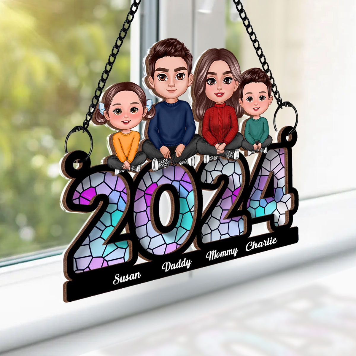 Family Sitting 2024 Personalized Window Hanging Suncatcher Ornament, Christmas Decor