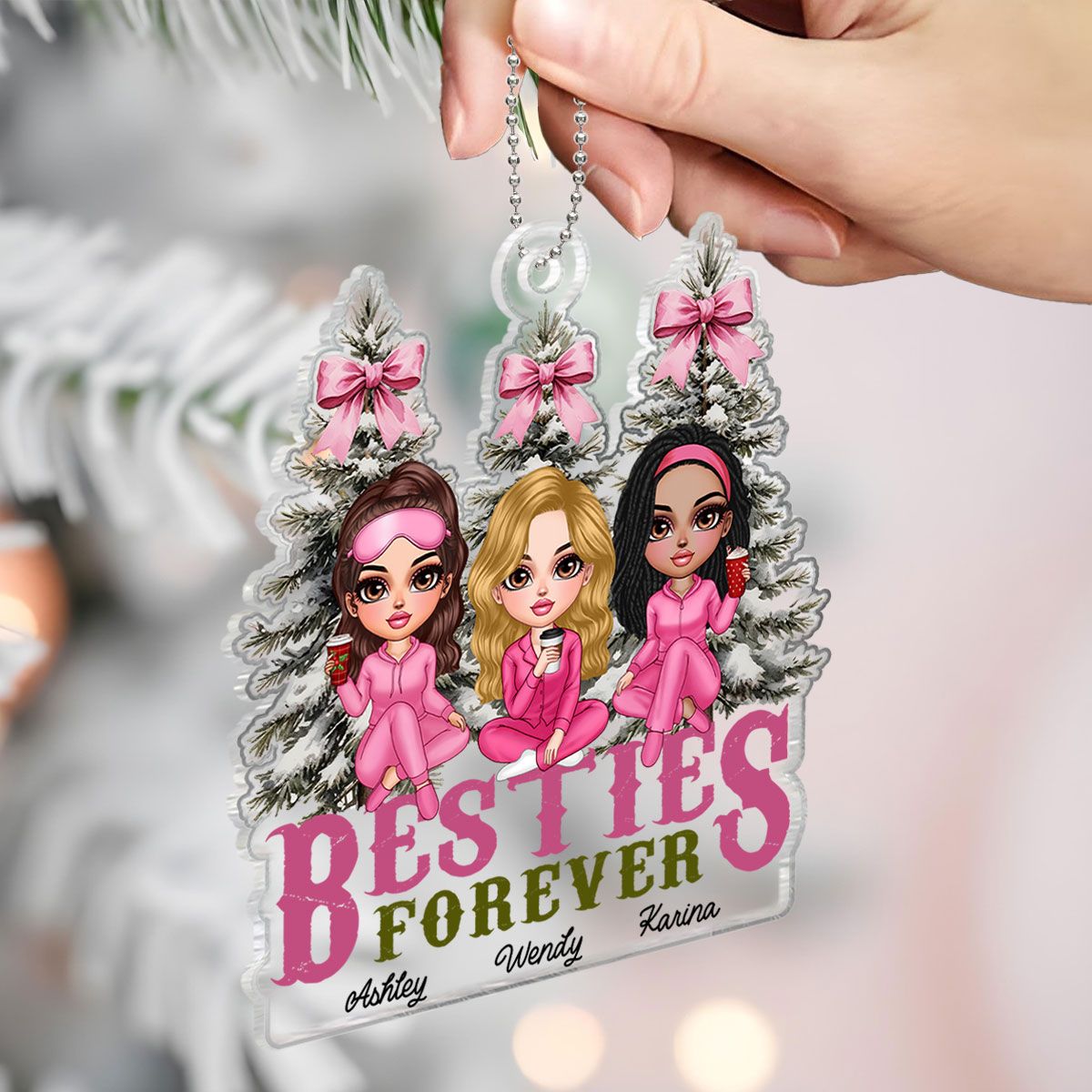 Besties Sisters Christmas Tree Pink Bow Personalized Acrylic Ornament