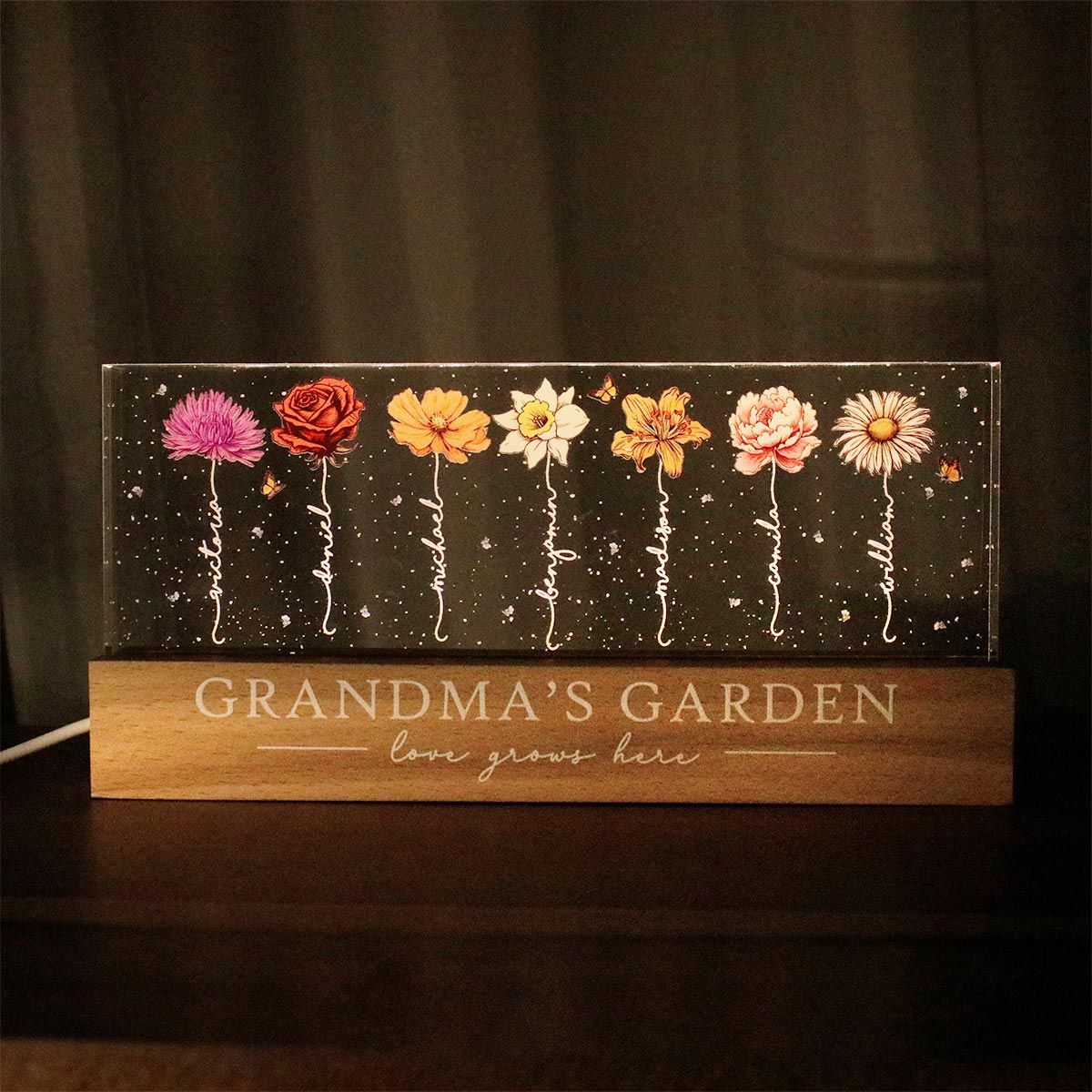 Grandma‘s Garden Birth Month Flower Personalized LED Night Light, Gift For Grandma Mom