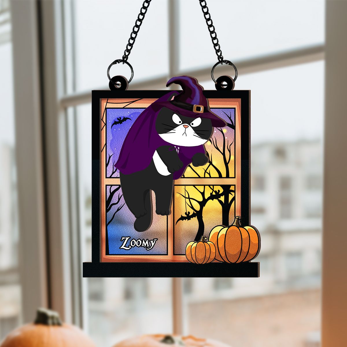 Halloween Cats Hanging On Window Personalized Suncatcher, Halloween Decor