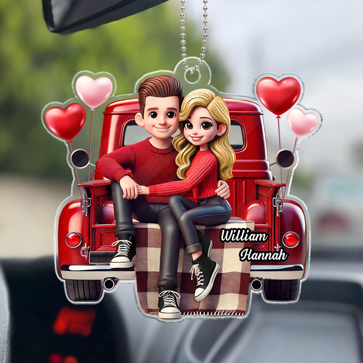 Couple Sitting On Red Truck Personalized Acrylic Car Hanger, Valentine's Day Gift, Anniversary Gift For Couples