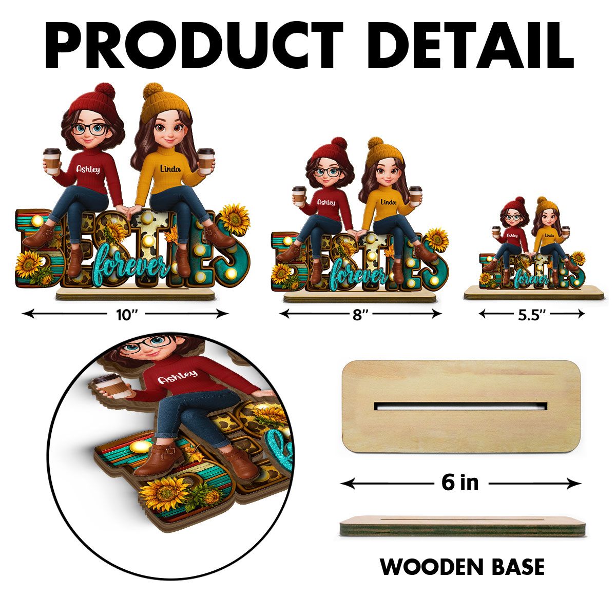 Western Fall Vibe Besties Sitting Personalized Standing Wooden Plaque, Fall Gift for Best Friends