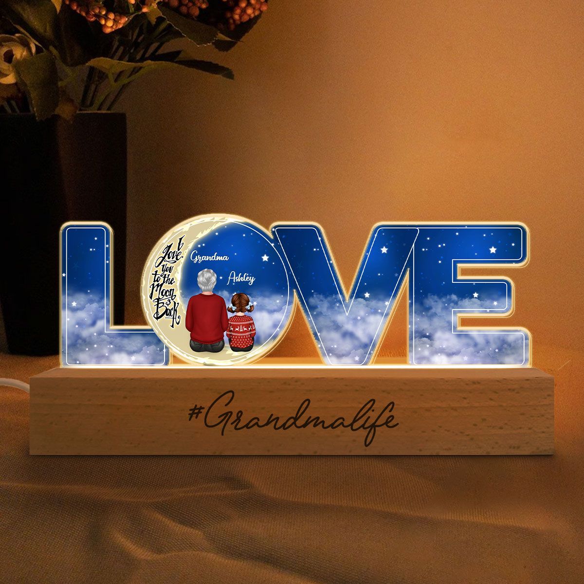 Love Grandma Life Grandma Grandkids On Moon Personalized Acrylic LED Night Light, Gift For Granddaughter, Grandson