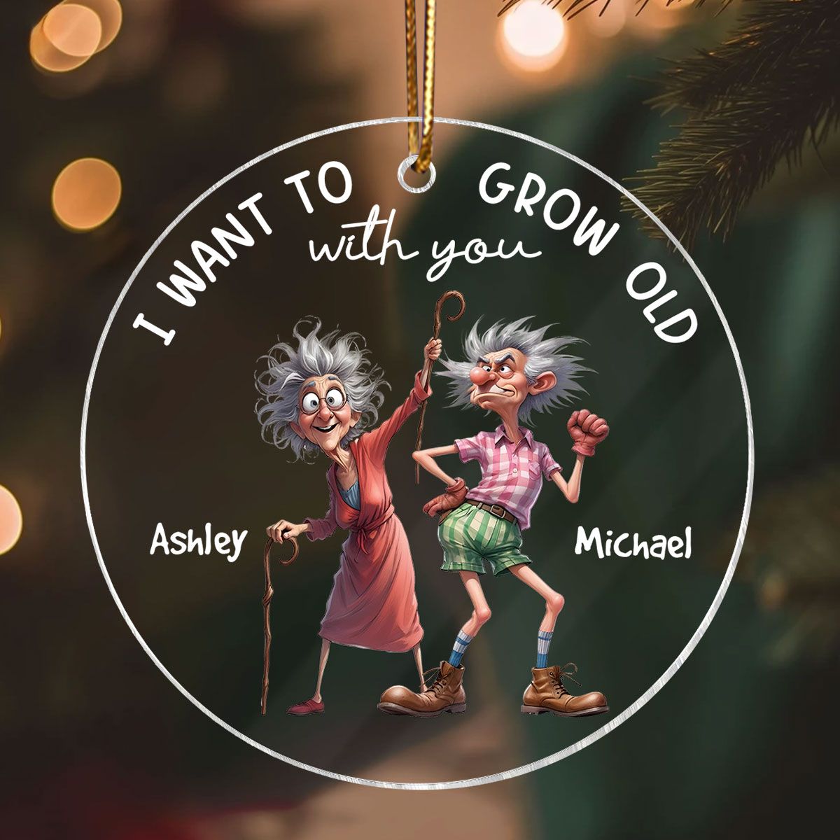 Quirky Funny Old Couple Elderly People Personalized Acrylic Ornament, Christmas Gift