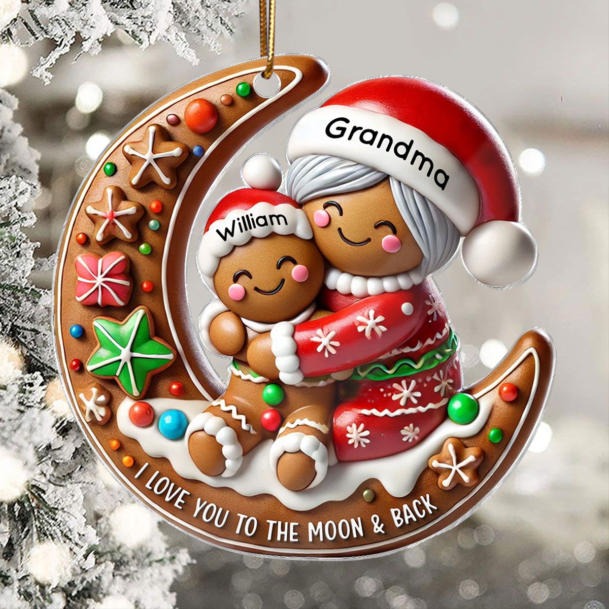 Gingerbread Grandma Hugging Grandkid On Moon Christmas Personalized Acrylic Ornament, Meaningful Gift For Granddaughter, Grandson