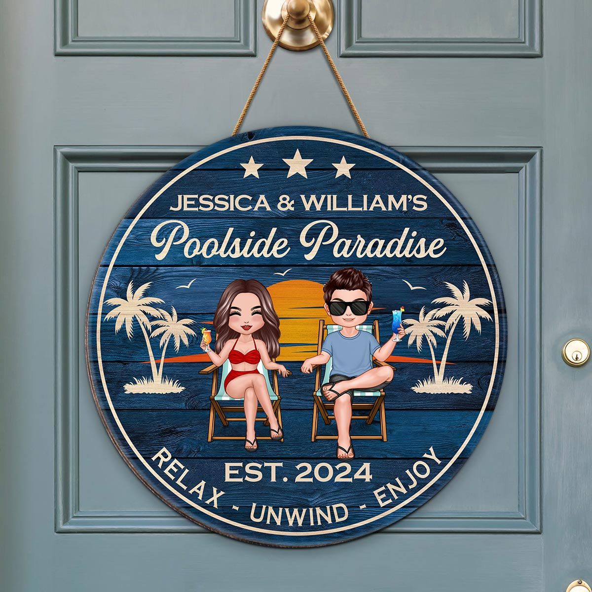 Doll Couple Sitting Poolside Paradise Personalized Wood Sign