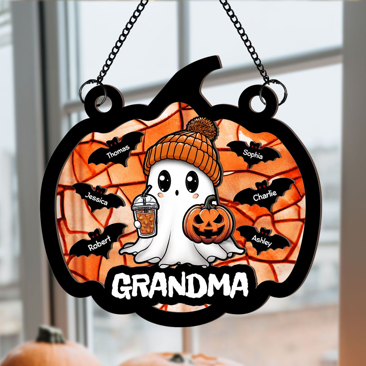 Fall Season Halloween Grandma Boo Personalized Suncatcher, Halloween Decoration