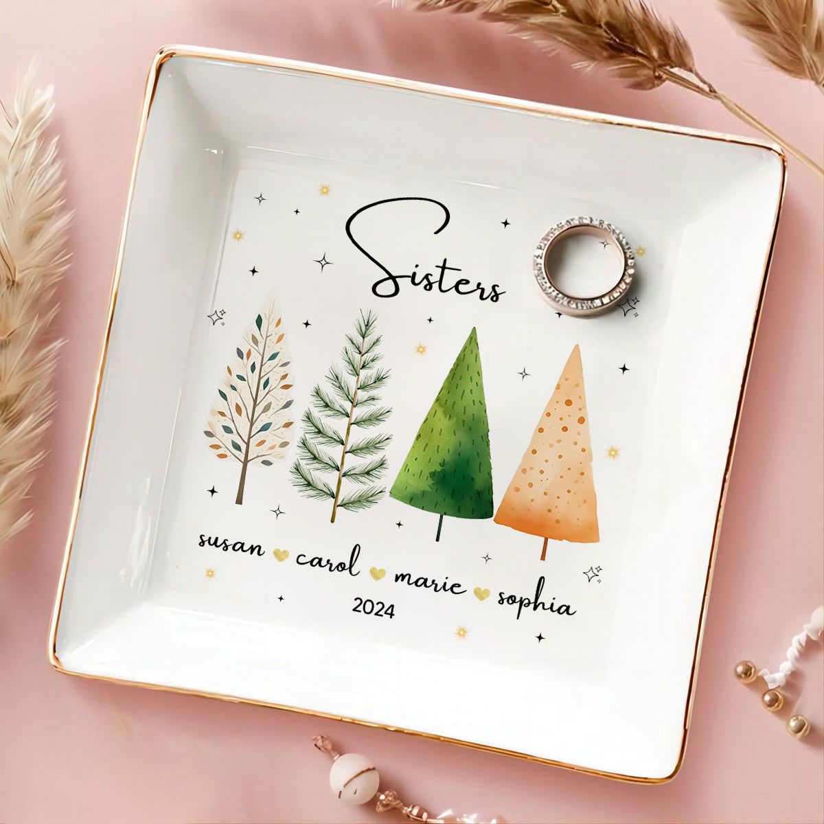 Christmas Trees Besties Sisters Personalized Jewelry Dish, Bridesmaid Gift, Best Friend Flower Ring Dish, Gift for Bestie, Christmas Gifts