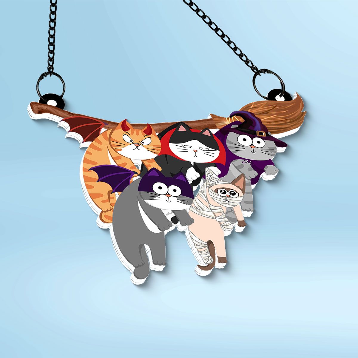 Naughty Cats Hanging On Halloween Broom Personalized Suncatcher, Halloween Decor