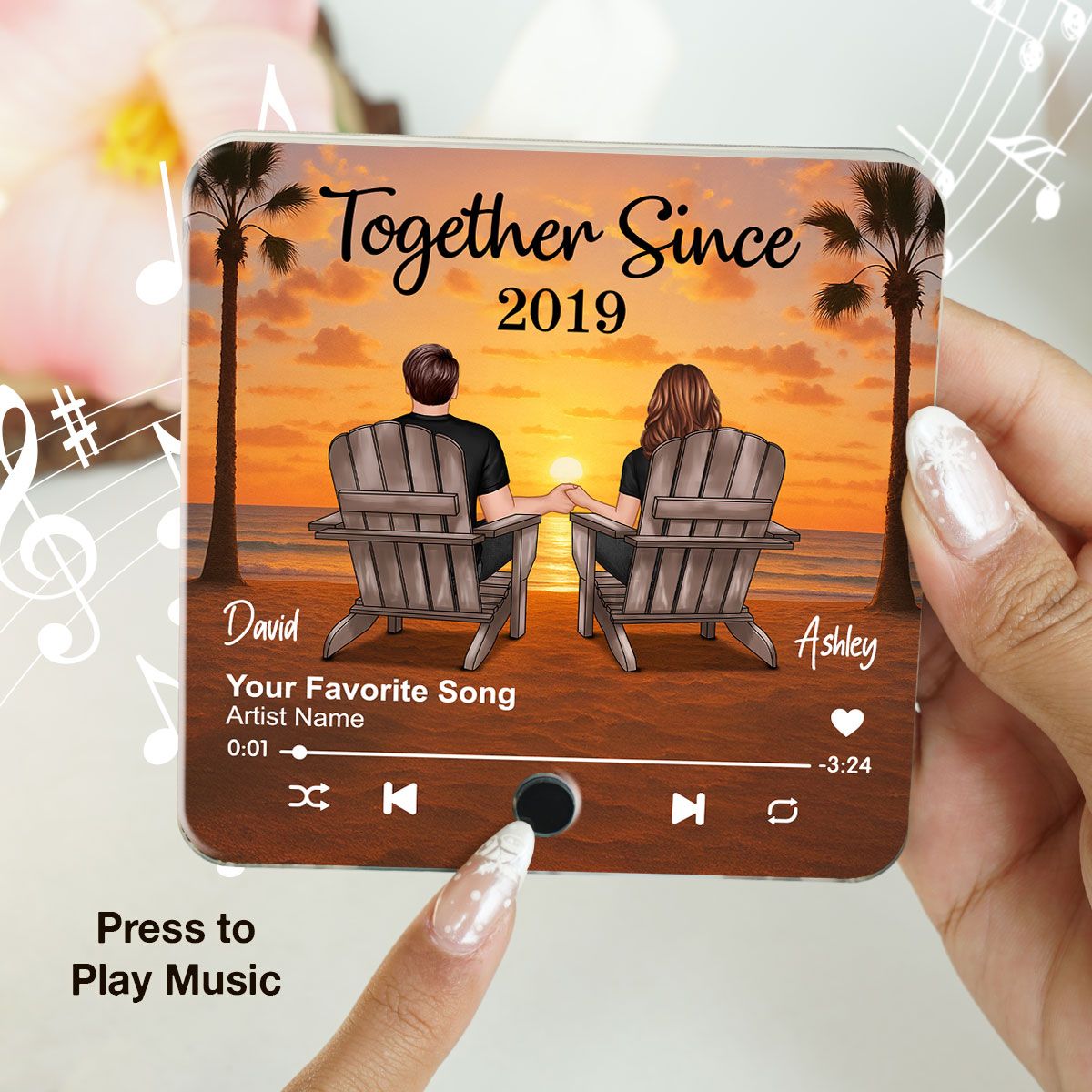 Couple Beach Sunset Under Tree Palm Personalized Music Fridge Magnet, Anniversary gift for him, for her