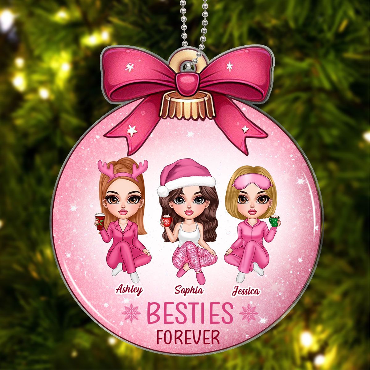 Pink Bow Coquette Besties Sisters Personalized Acrylic Ornament, Christmas Gift