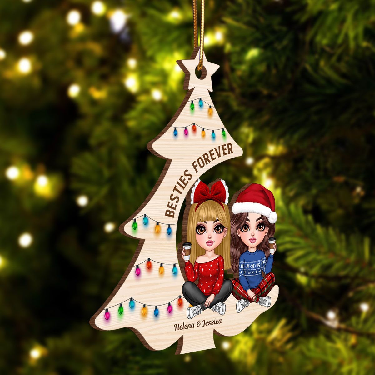 Pretty Besties Sisters Sitting Christmas Tree Personalized Wooden Ornament, Christmas Gift for Best Friends, Sisters