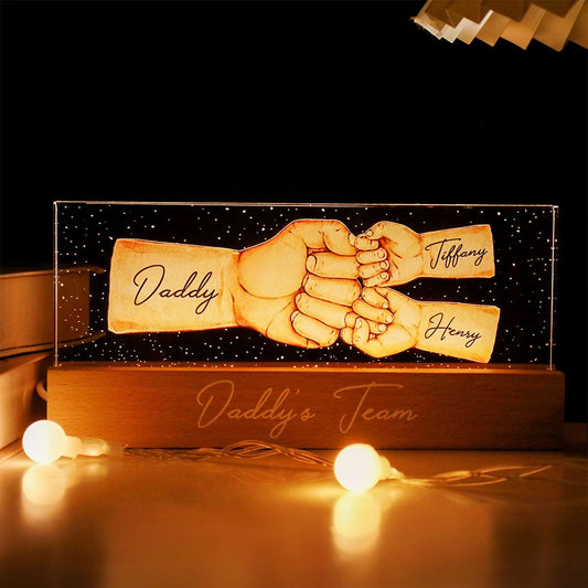 Daddy's Team Fist Bump Personalized Acrylic LED Night Light, Father's Day Gift For Dad, For Grandpa, For Husband