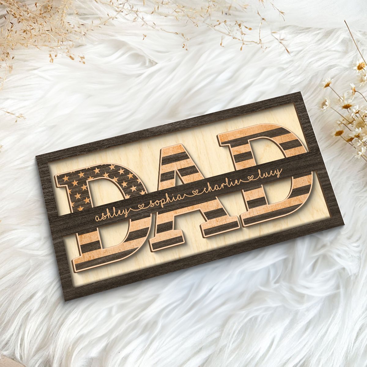 Dad Nation Flag With Kids Names Personalized 2-Layer Wooden Plaque