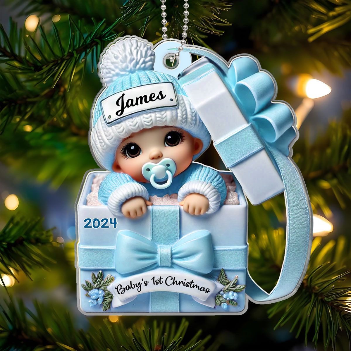 Baby Inside Gift Box Personalized Acrylic Ornament, Lovely Keepsake to Celebrate Baby's First Christmas