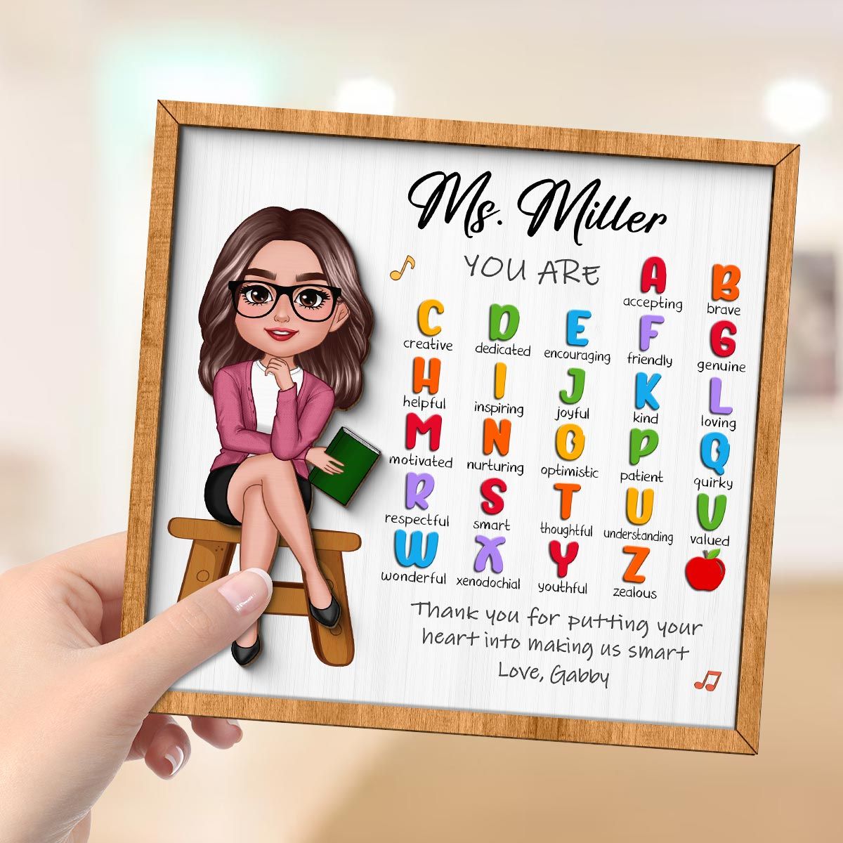 Teacher Appreciation Gift Thank You Alphabet Characteristics Teacher Sitting Personalized 2-Layer Wooden Plaque