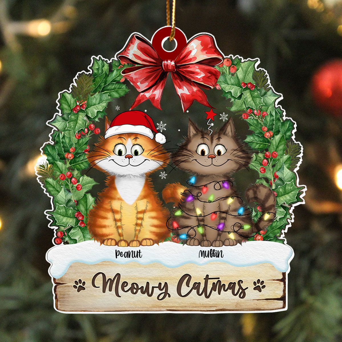 Christmas Wreath Quirky Christmas Cat Whimsical Funny Silly Cats Personalized Acrylic Ornament