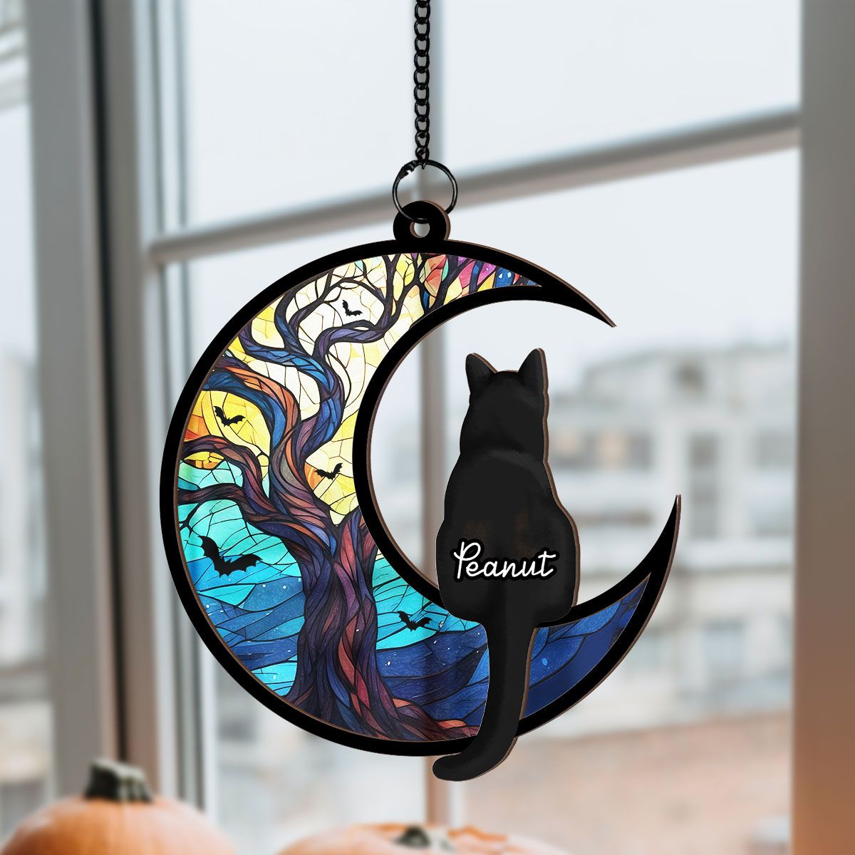 Cats On Moon Personalized Window Hanging Suncatcher, Halloween Decor For Cat Lovers