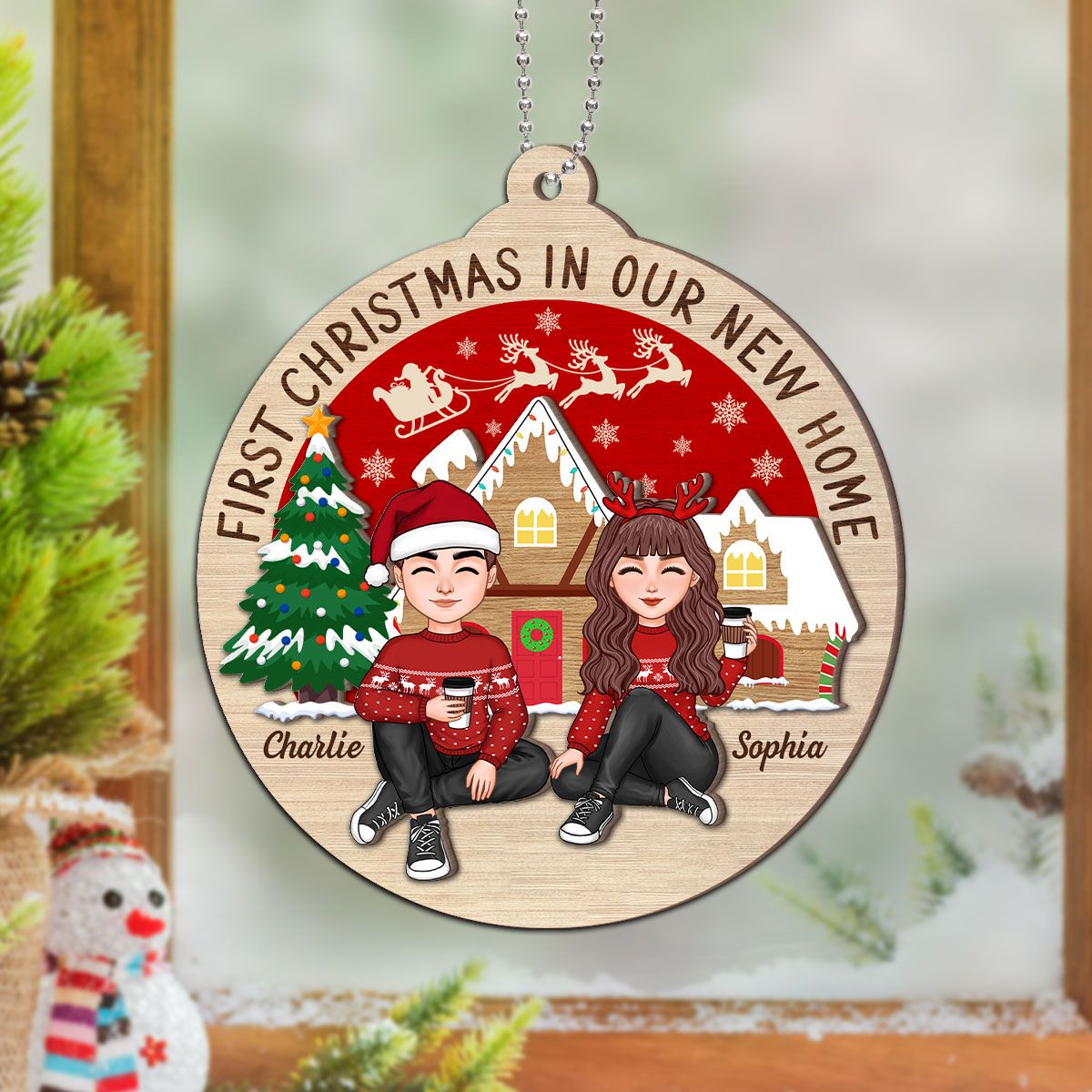 First Christmas In Our New Home Couple Sitting Personalized 2-Layer Ornament