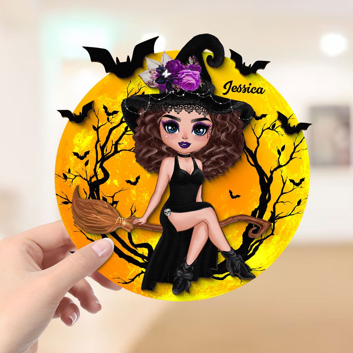 Halloween Sitting On Broom Personalized 2-Layer Wooden Plaque, Halloween Decoration