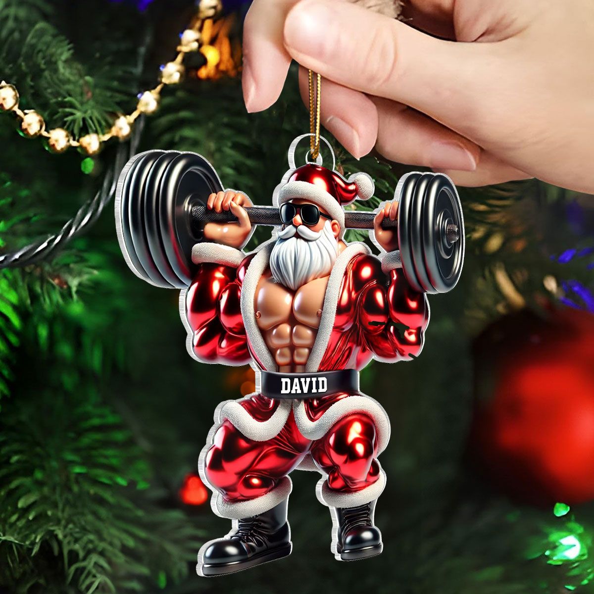 Santa Claus Weightlifting Christmas Personalized Acrylic Ornament, Gym, Bodybuilding, Fitness Christmas Gift