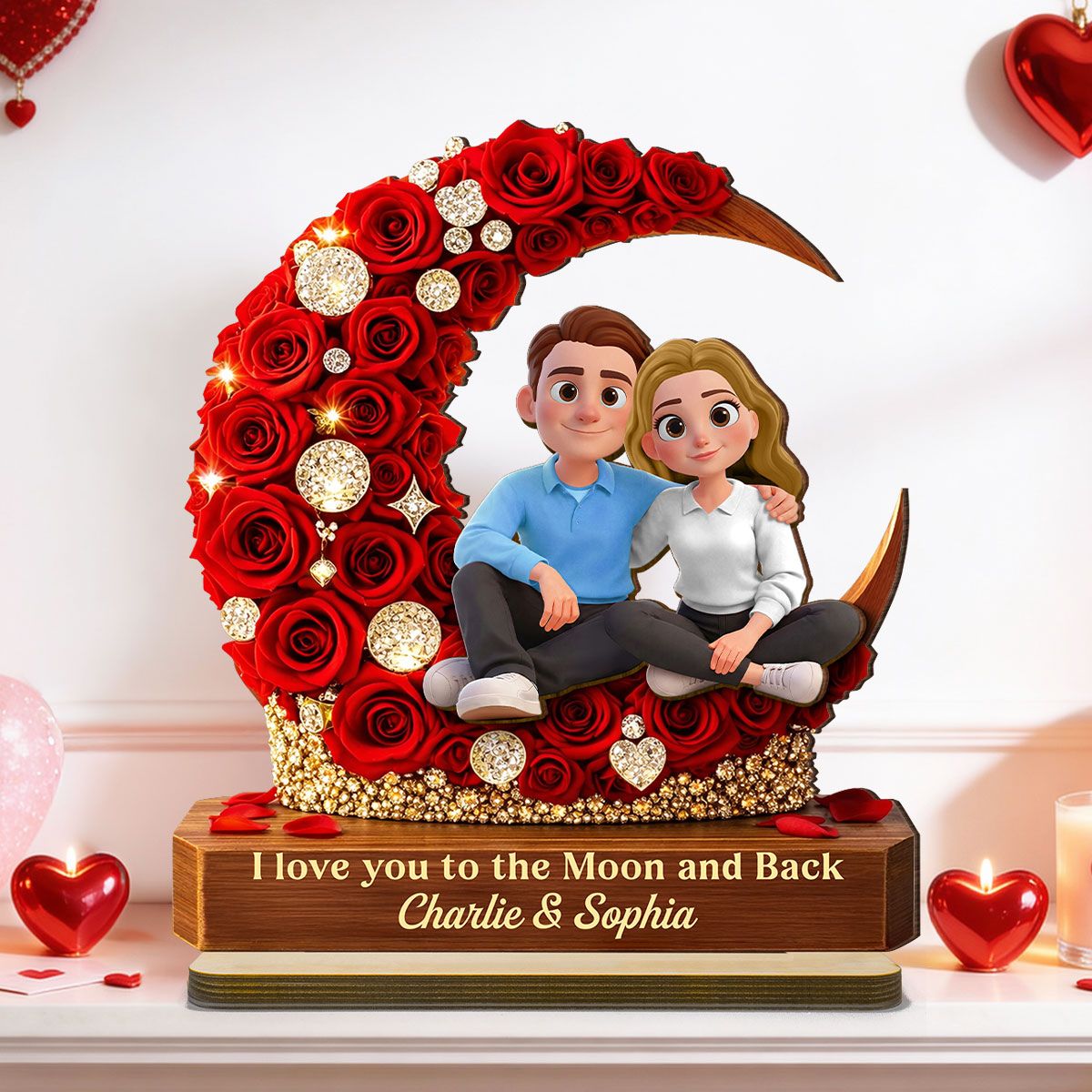 I Love You to the Moon and Back Romantic Love - Personalized 2-Layered Wooden Plaque - Heartfelt Valentine's Day Gift for Her, for Him