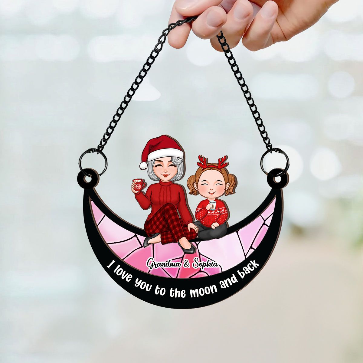 Grandma Grandkid On Moon Personalized Window Hanging Suncatcher Ornament, Christmas Gift For Granddaughter Grandson