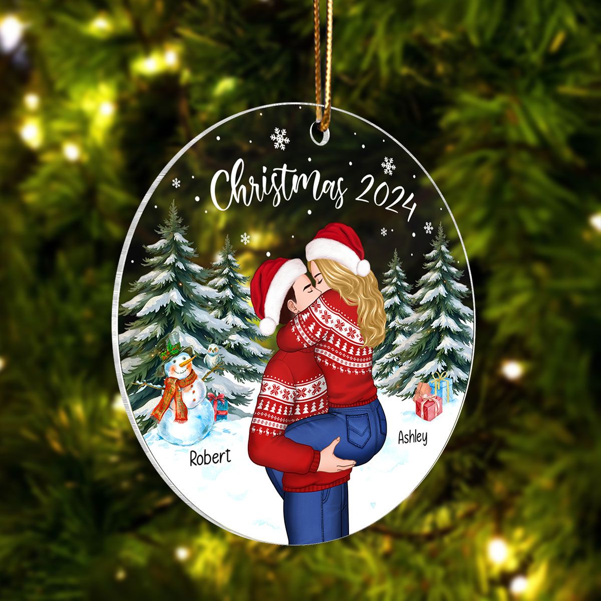 Couple Hugging In Winter Night Christmas Tree Personalized Acrylic Ornament, Christmas Gift For Him, Gift For Her