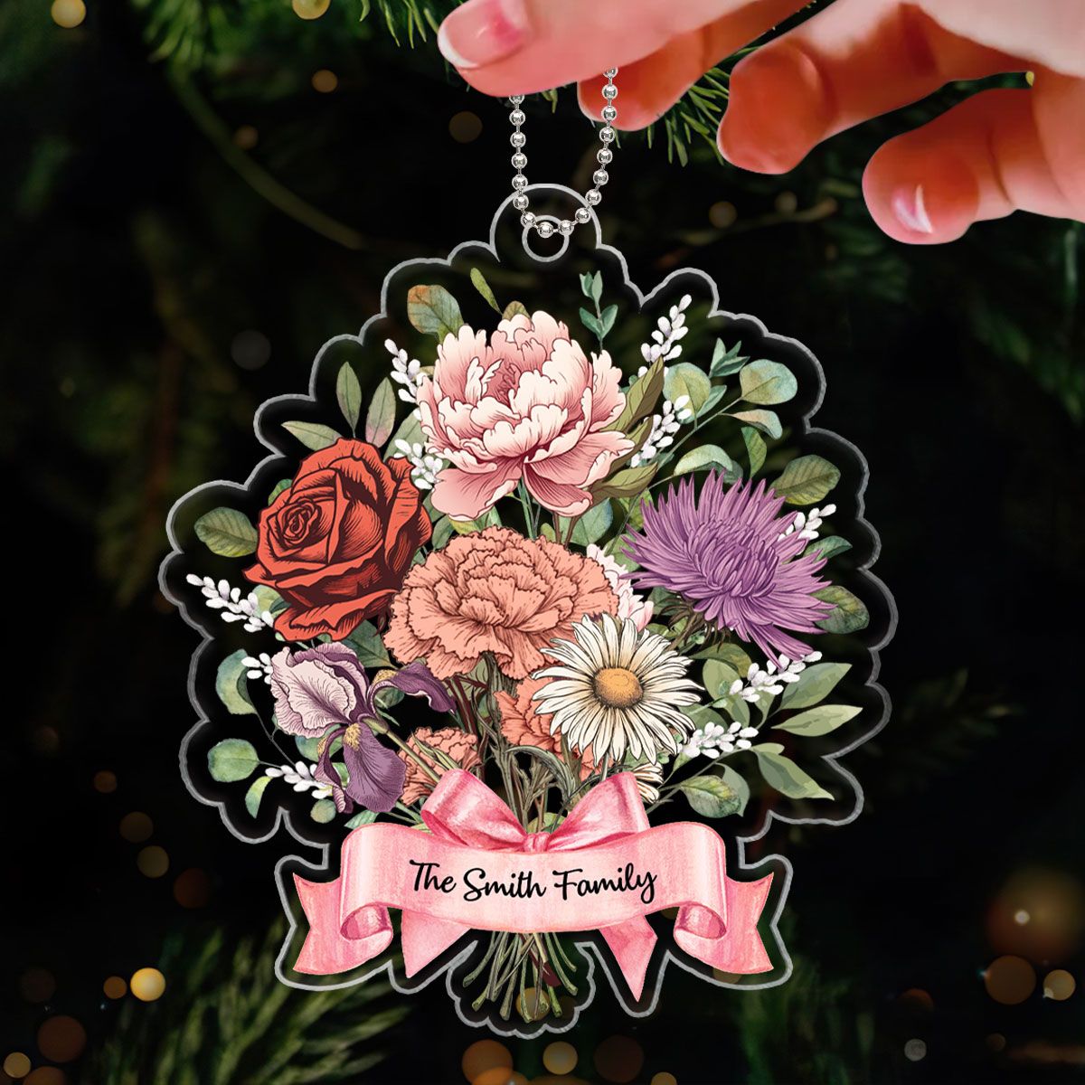 Birth Month Flower Bouquet Family Besties Personalized Acrylic Ornament, Christmas Decor