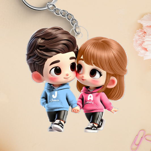 Cute Cartoon Couple Holding Hands Personalized Acrylic Keychain, Anniversary & Valentine's Day Gift for him, Gift for her