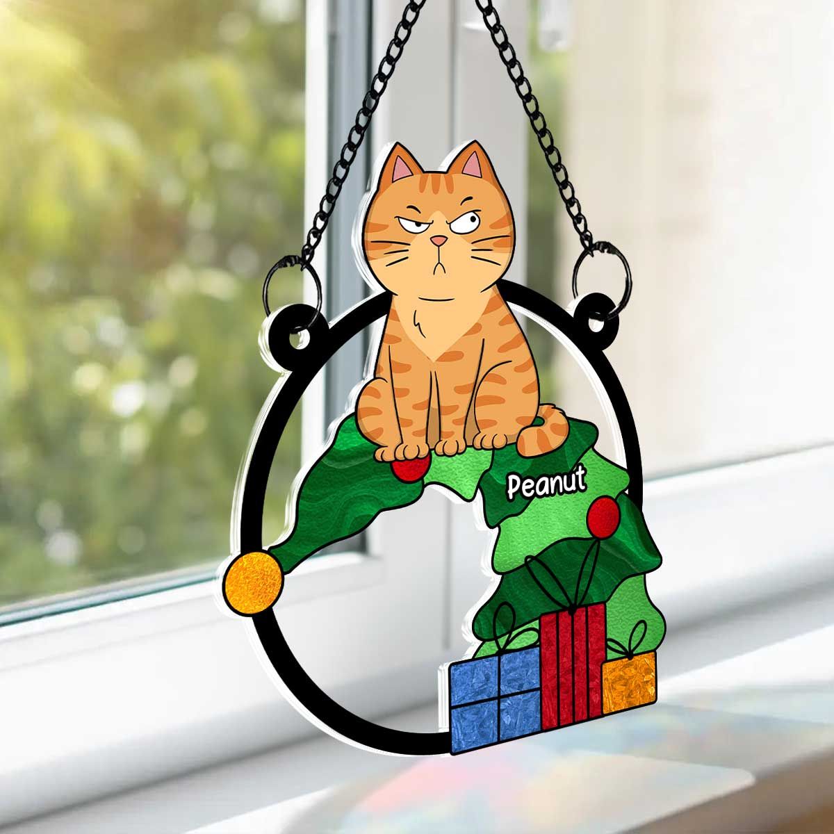 Funny Naughty Cat On Falling Christmas Tree Personalized Suncatcher, Christmas Decoration