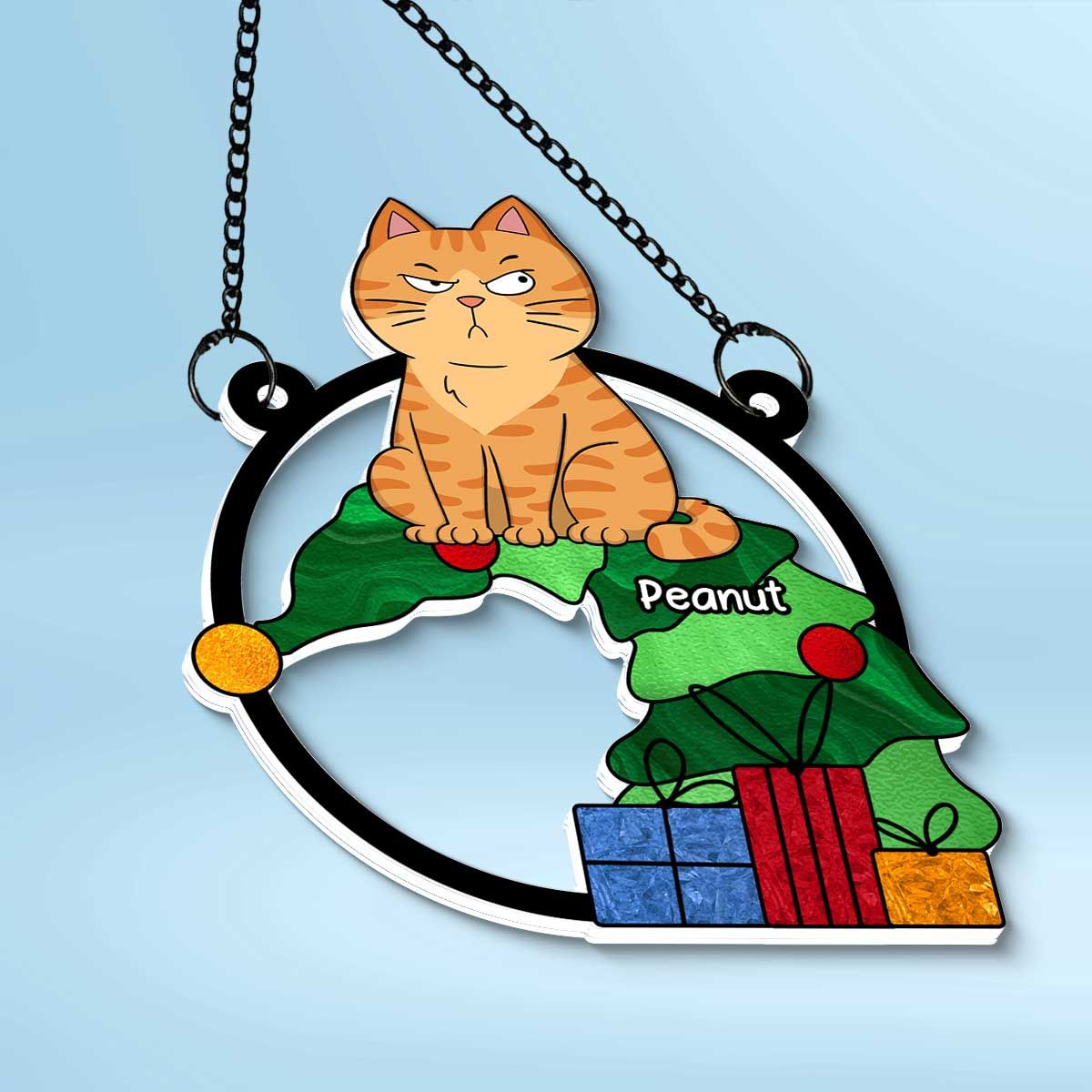 Funny Naughty Cat On Falling Christmas Tree Personalized Suncatcher, Christmas Decoration