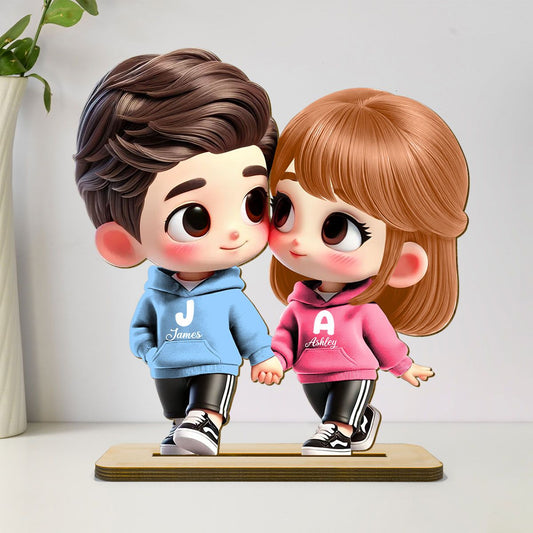 Cute Cartoon Couple Holding Hands Personalized Standing Wooden Plaque, Anniversary & Valentine's Day Gift for him, Gift for her