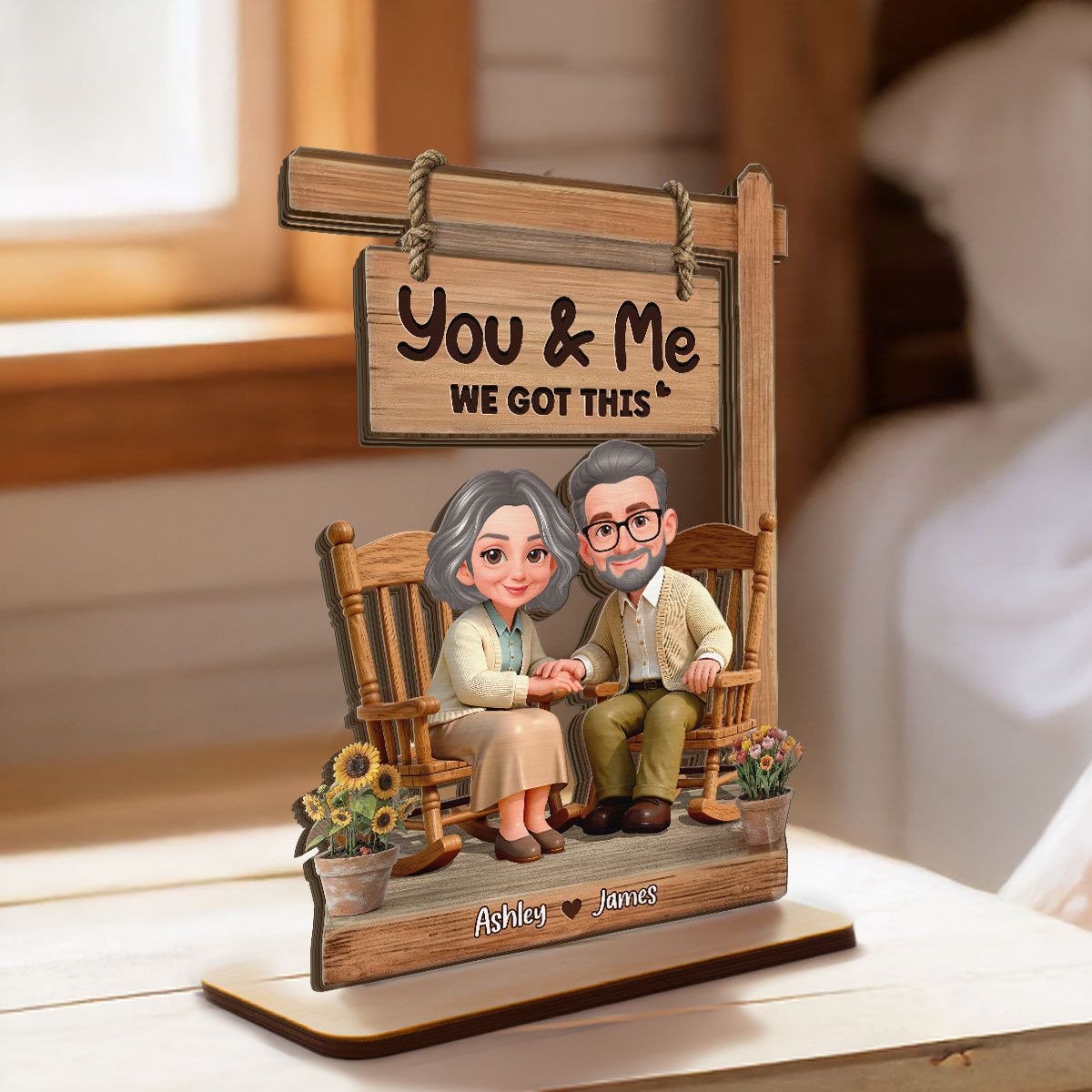 Old Couple Sitting Together Hand On Hand 2D Flat - Personalized 2-Layered Wooden Plaque - Anniversary, Valentine's Day Gift For Him, Gift For Her