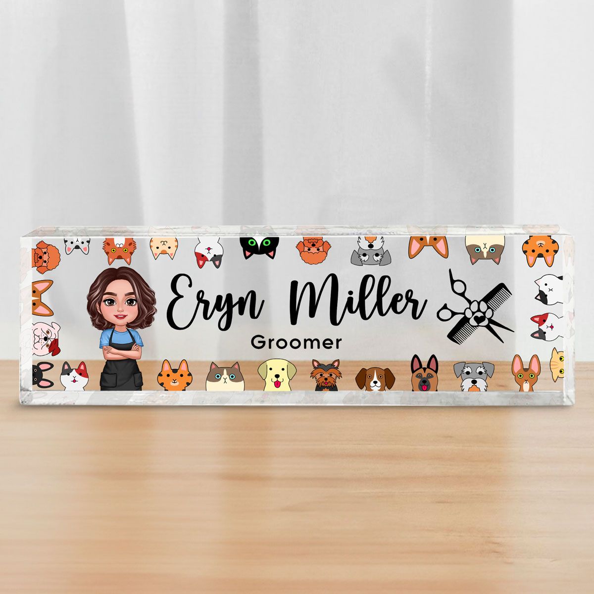 Dog Cat Groomer Personalized Acrylic Desk Name Plate, Office Decor